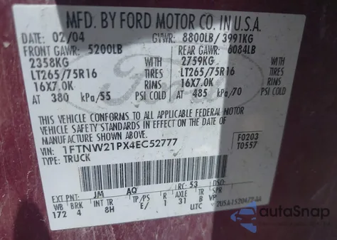 2004 Ford F-250 Lariat/Xl/Xlt из США, поврежденный, VIN 1FTNW21PX4EC52777